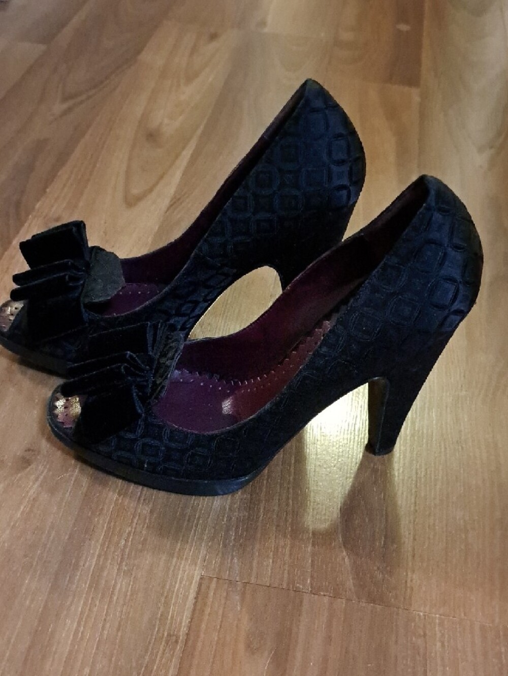 BCBGMaxAzria Black Velvet Peep-Toe Heels with Bow Detail